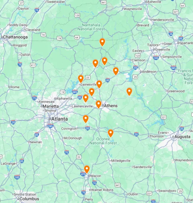 Map of our 13 office locations in North and Central Georgia